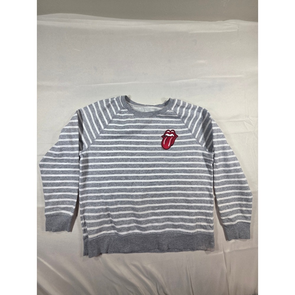 Rolling Stones Striped Graphic Sweatshirt Grey White Tongue Logo Pullover L